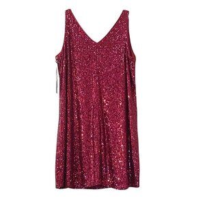 NWT 1. State Sequined Sleeveless V Neck Shift Mini Dress in Burgundy